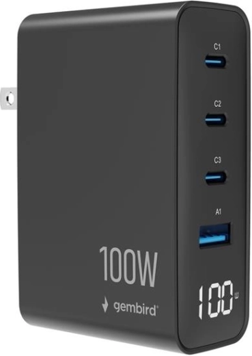 Cargador universal GaN Gembird de 100 W con LCD, 3× USB-C y 1× USB-A, negro