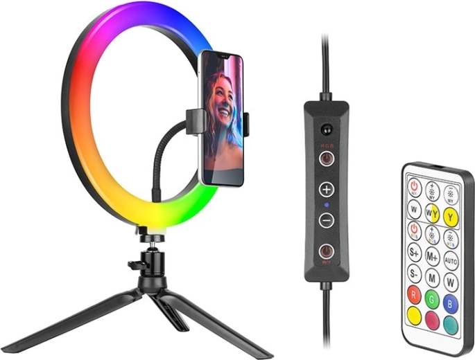 Luz LED RGB circular de 26 cm con trípode y soporte para teléfono