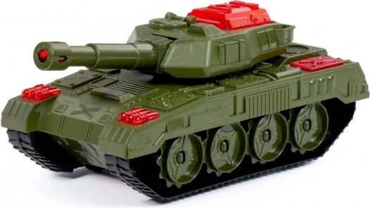 Tanque de plástico realista sobre ruedas con torreta giratoria