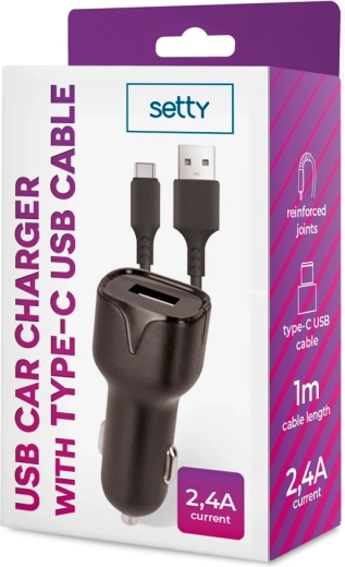 Cargador de coche Setty 1× USB 2,4 A negro + cable USB‑C 1 m