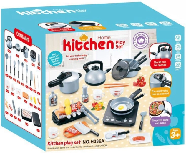 Juego de cocina infantil con placa de inducción y accesorios, 36 piezas, plateado
