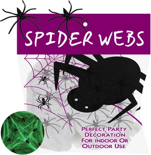 Telaraña fluorescente de Halloween que brilla en la oscuridad RUHHY con 20 arañas - 1 pieza
