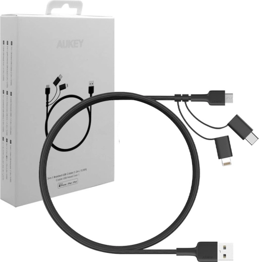 Aukey cable de carga 3 en 1 USB-A a Lightning, USB‑C y micro USB 1,2 m, nylon negro