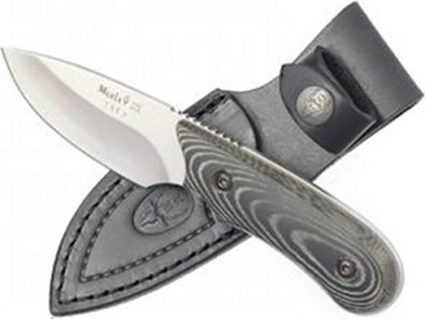 Muela Ibex 8M cuchillo de caza pequeño 8 cm, Micarta negro-gris, funda de cuero
