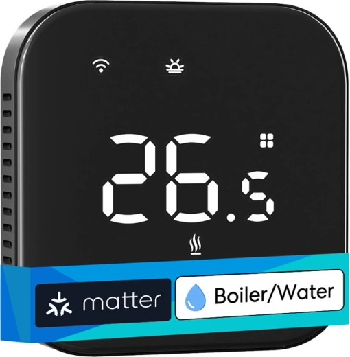 Termostato inteligente Wi‑Fi Meross para calefacción por agua con Matter, negro