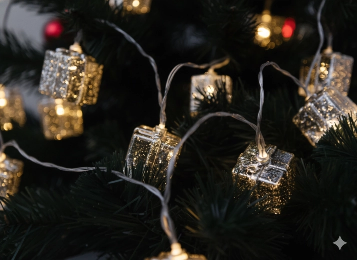 Guirnalda de luces LED con regalitos plateados, blanco cálido, 10 LED