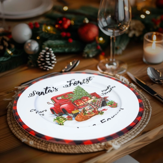 Bandeja metálica navideña blanca con motivo de coche, 33 cm