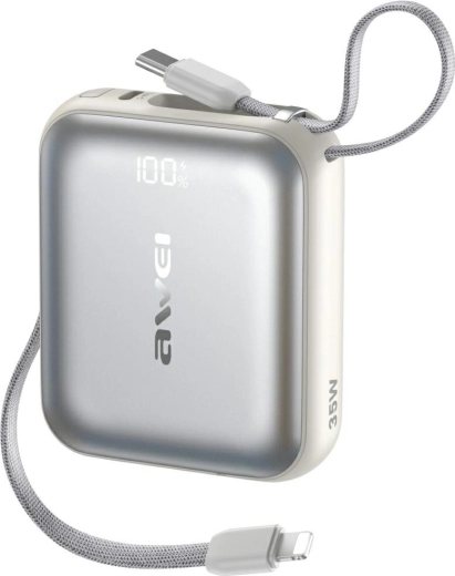 Powerbank AWEI AS-181 10000 mAh, 35 W, con cables integrados Lightning y USB‑C, plateada