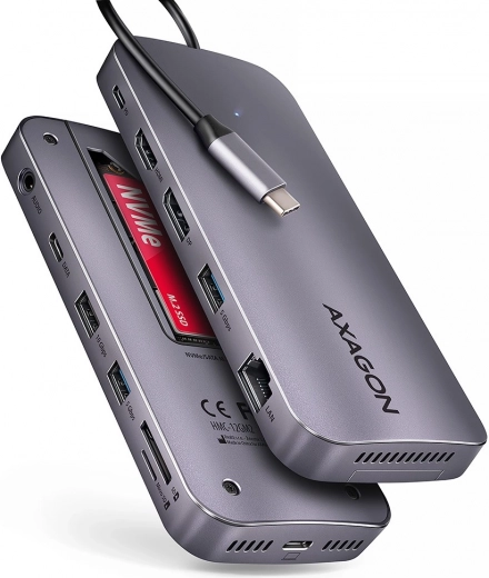 Axagon HMC-12GM2 hub USB-C 12 en 1 con M.2 NVMe/SATA, 10 Gb/s, HDMI/DP 4K 60 Hz, GLAN, SD/microSD, audio, PD 100 W