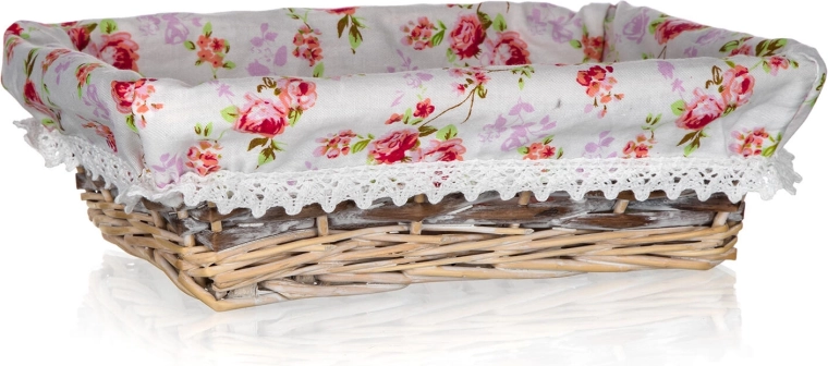 cesta de mimbre con tela roses, rectangular, 26 × 18 × 8 cm