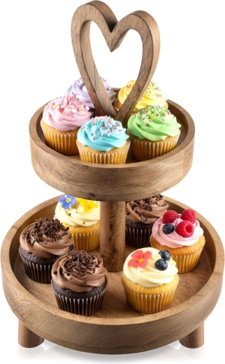 Bandeja escalonada de madera de mango de dos niveles 42 cm