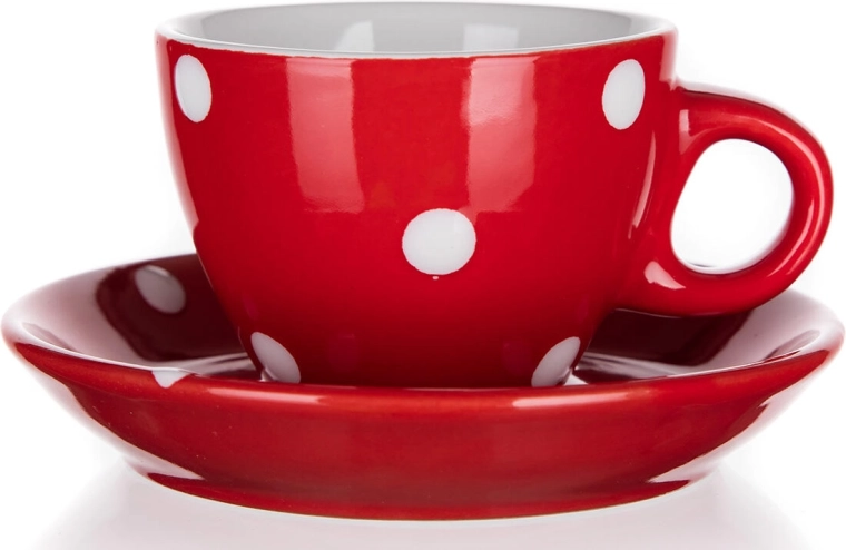 Taza de cerámica con platillo 100 ml con lunares – roja