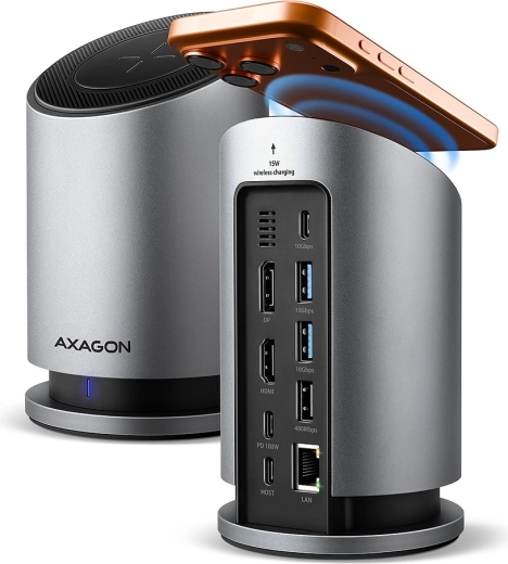 Hub USB-C multideporte 9 en 1 con carga inalámbrica 15 W AXAGON HMC-WL9