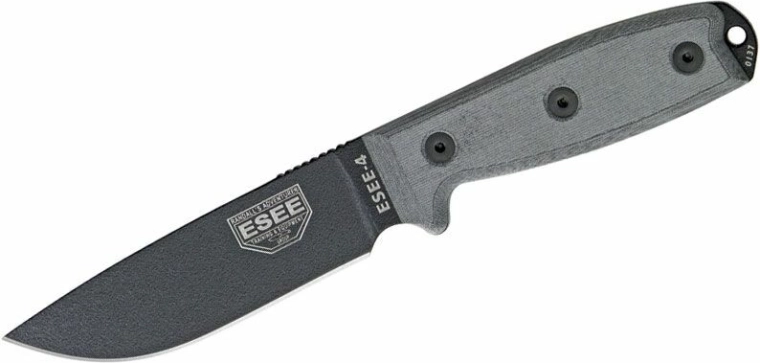 Cuchillo universal ESEE 4 con hoja de 11,4 cm, Micarta, negro/gris, funda MOLLE