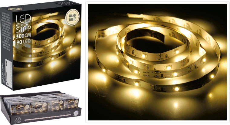 Tira de luces LED 3 m, 90 LED, blanco cálido, a pilas
