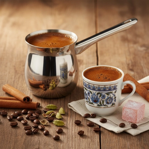Preparación tradicional de café turco en casa