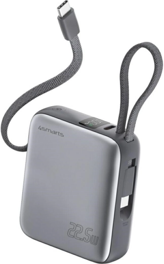 Powerbank 4smarts Pocket Dual Cord 10000 mAh 22,5 W con cable USB‑C integrado, gris