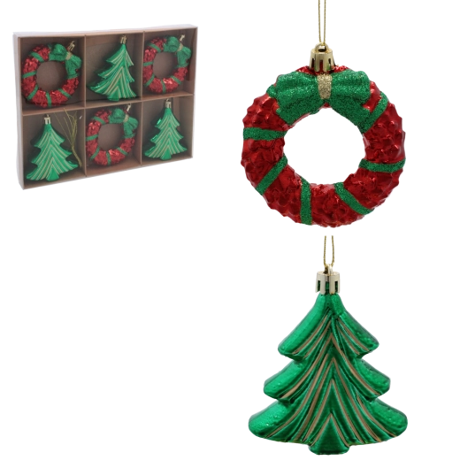 Juego de adornos navideños de corona y arbolito 8 cm – 6 uds