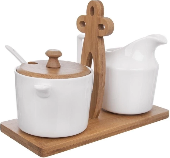 Azucarera y lechera de porcelana WHITELINE en soporte de bambú 2×280 ml, set de 3 piezas