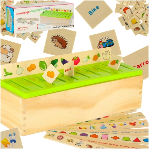 Clasificador educativo de madera: juego lógico para ordenar imágenes y formas