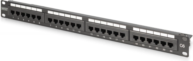 Panel de parcheo 19" 24× RJ45 Cat 6, no apantallado, 1U, LSA, guía de cables, campo de etiquetado, negro
