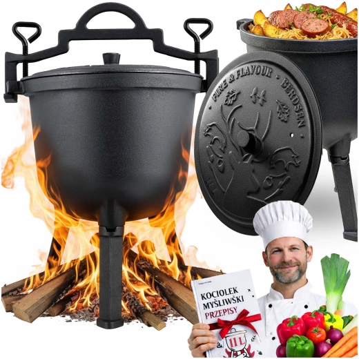 Caldero de camping de hierro fundido de 11 l para fuego y parrilla con tapa