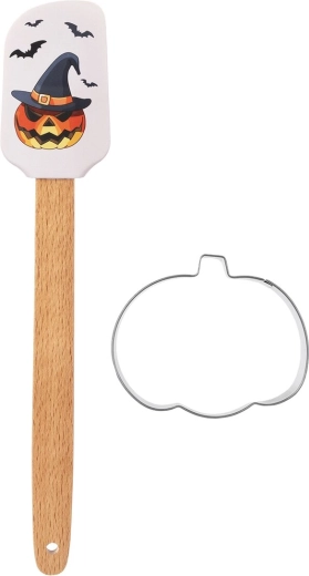 Rasqueta de cocina de silicona para Halloween con mango de madera y cortador de galletas de calabaza