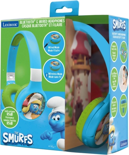 Auriculares Bluetooth plegables para niños con limitación de volumen Los Pitufos 2 en 1