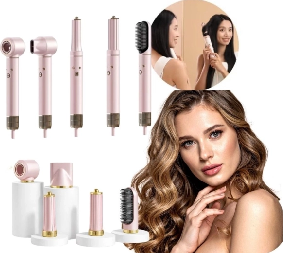 Secador multifunción y styler 5 en 1 rosa con ionización, 3 temperaturas