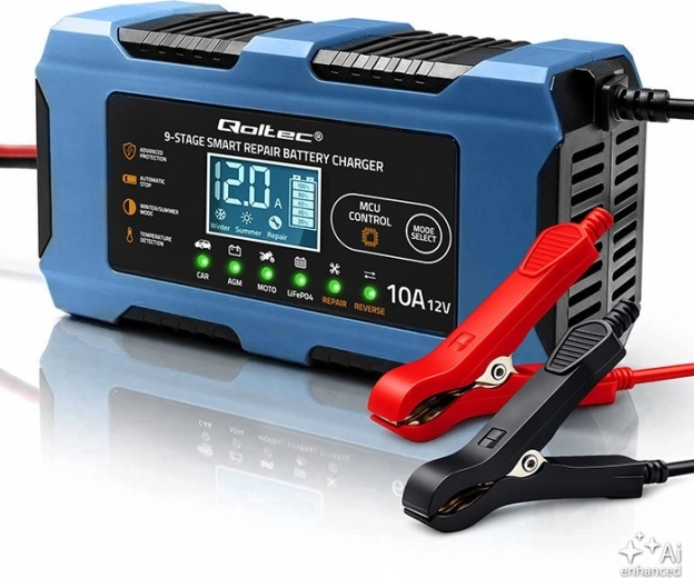Cargador de baterías Qoltec 12 V / 10 A con función de reparación para AGM, GEL y LiFePO4