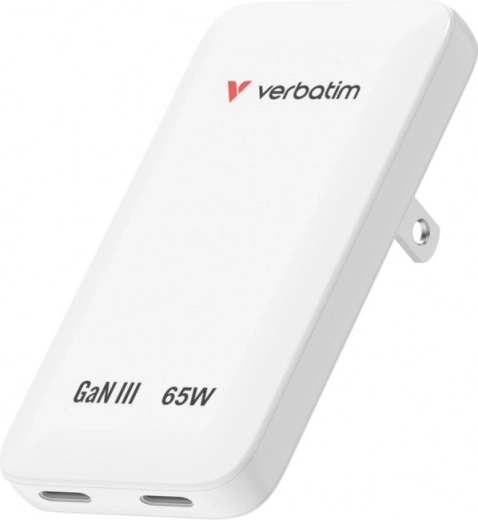 Cargador GaN slim Verbatim Essentials de 65 W, 2× USB‑C, blanco (US/UK/EU)