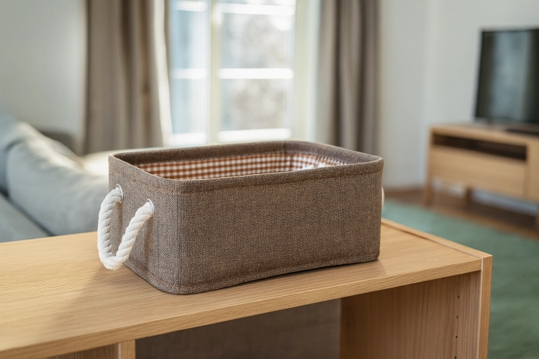 Cesta de almacenamiento textil con asas de cuerda 26 × 36 × 16 cm marrón
