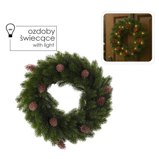 Corona navideña LED de 40 cm con piñas, blanco cálido, a pilas