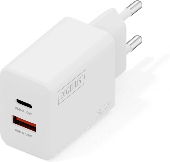 Cargador de pared USB GaN 30 W, 1× USB‑C y 1× USB‑A, blanco