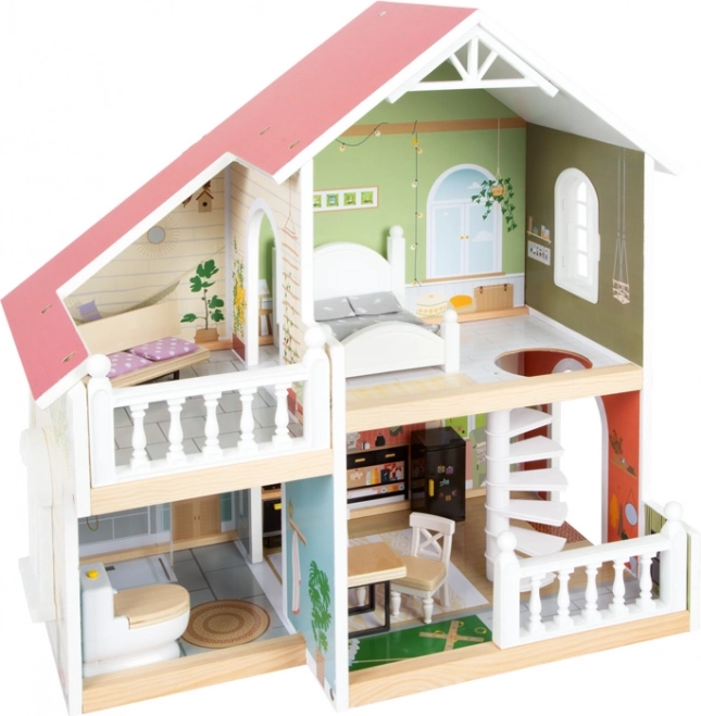 Casa de muñecas de madera con terraza