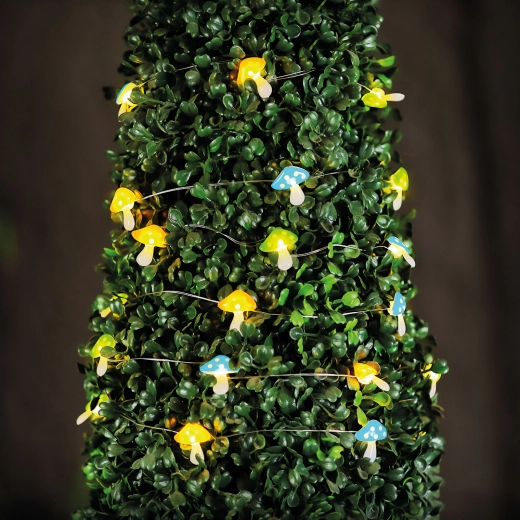 Cadena de luces LED solares con forma de setas, 25 LED, luz blanca cálida, 2,4 m