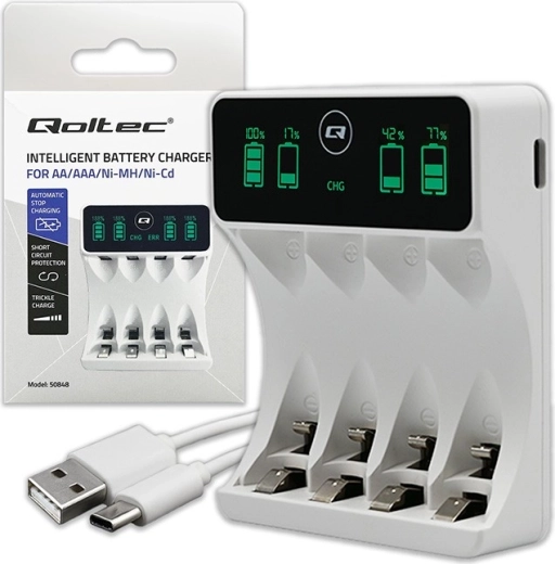 Cargador para baterías Ni‑MH AA/AAA con LCD y cable USB‑C, blanco