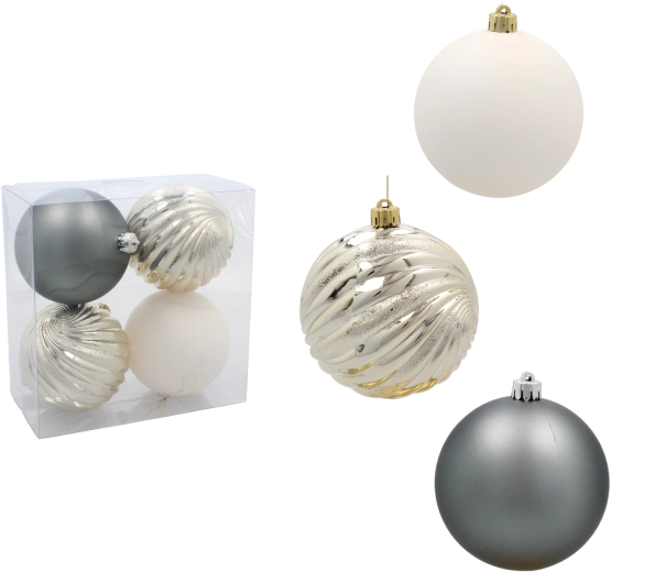 Juego de bolas navideñas de 10 cm – champán, gris y blanco (4 uds)