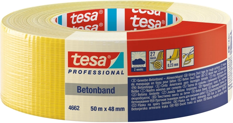 Cinta textil TESA Betonband 48 mm × 50 m amarilla, extra adhesiva, resistente a los rayos UV 2 semanas