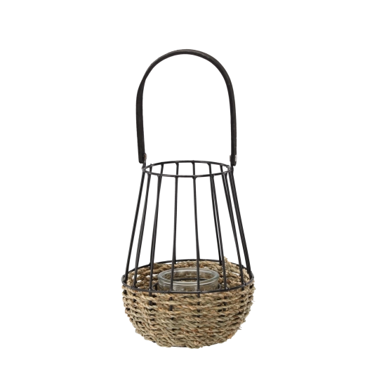 Farol metálico negro‑marrón con inserto de vidrio 22 × 37 cm