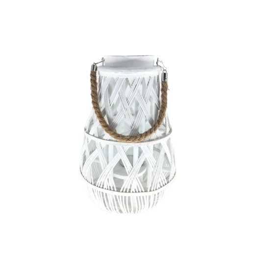 Farol de mimbre blanco con inserto de vidrio 24 × 55 cm