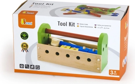 Juego de herramientas de madera en caja de transporte para niños