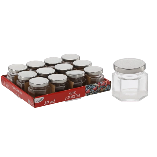 Tarro de vidrio hexagonal de 50 ml con tapa metálica