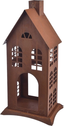 Farol decorativo para vela de metal y vidrio con pátina oxidada, 40 cm