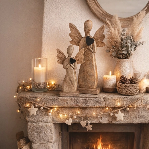 Decoración que destaca en la estantería y en la chimenea