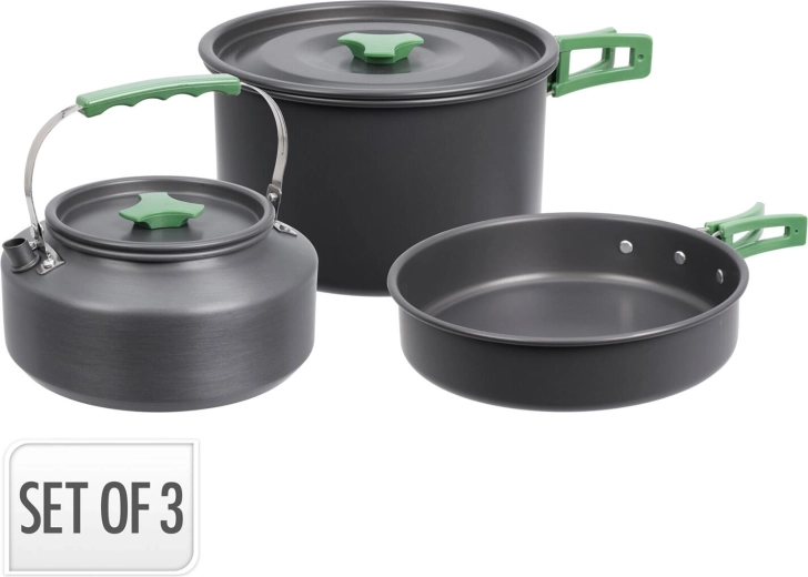 Juego de utensilios de camping de 3 piezas de aluminio: olla, tetera y sartén, negro