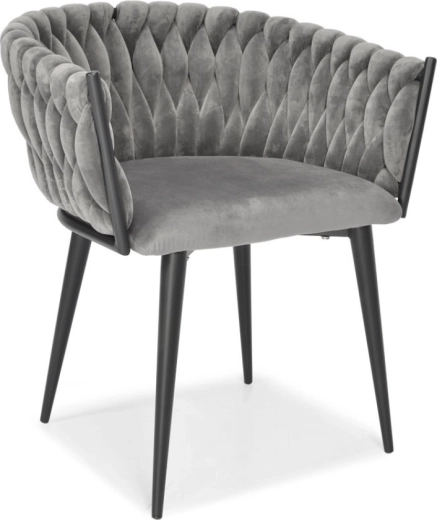 Silla tapizada de terciopelo para comedor y salón, velur gris, patas metálicas negras