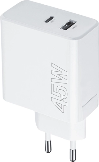 Cargador de pared Maxlife 45W con USB‑C PD y USB QC, blanco