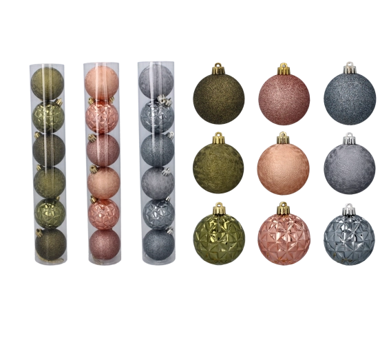Juego de bolas navideñas en oliva, cobre y grafito de 6 cm, 6 piezas