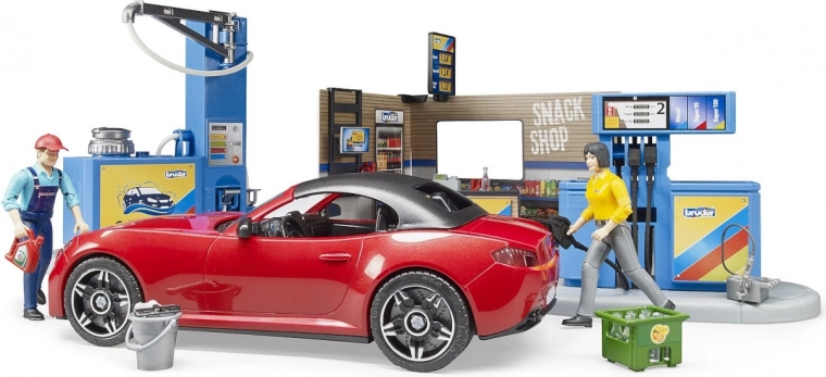 Bruder estación de servicio con coche deportivo y 2 figuras